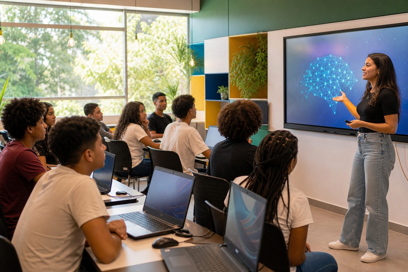 Professora conduzindo aula de tecnologia