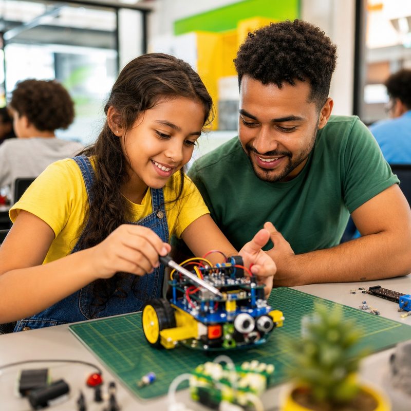 Aluna montando robô educacional com apoio do professor