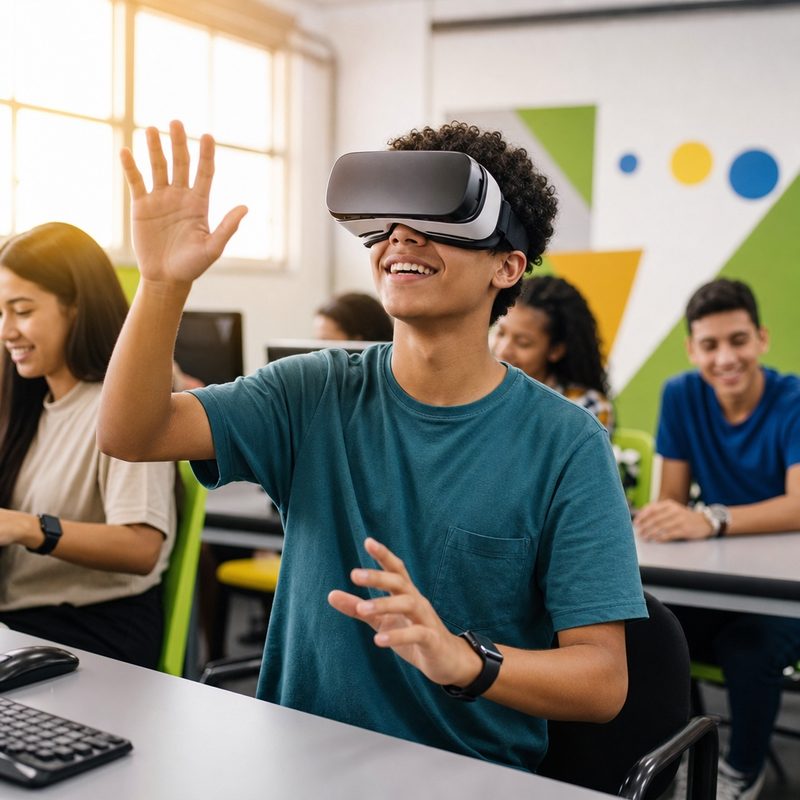 Aluno usando óculos de realidade virtual